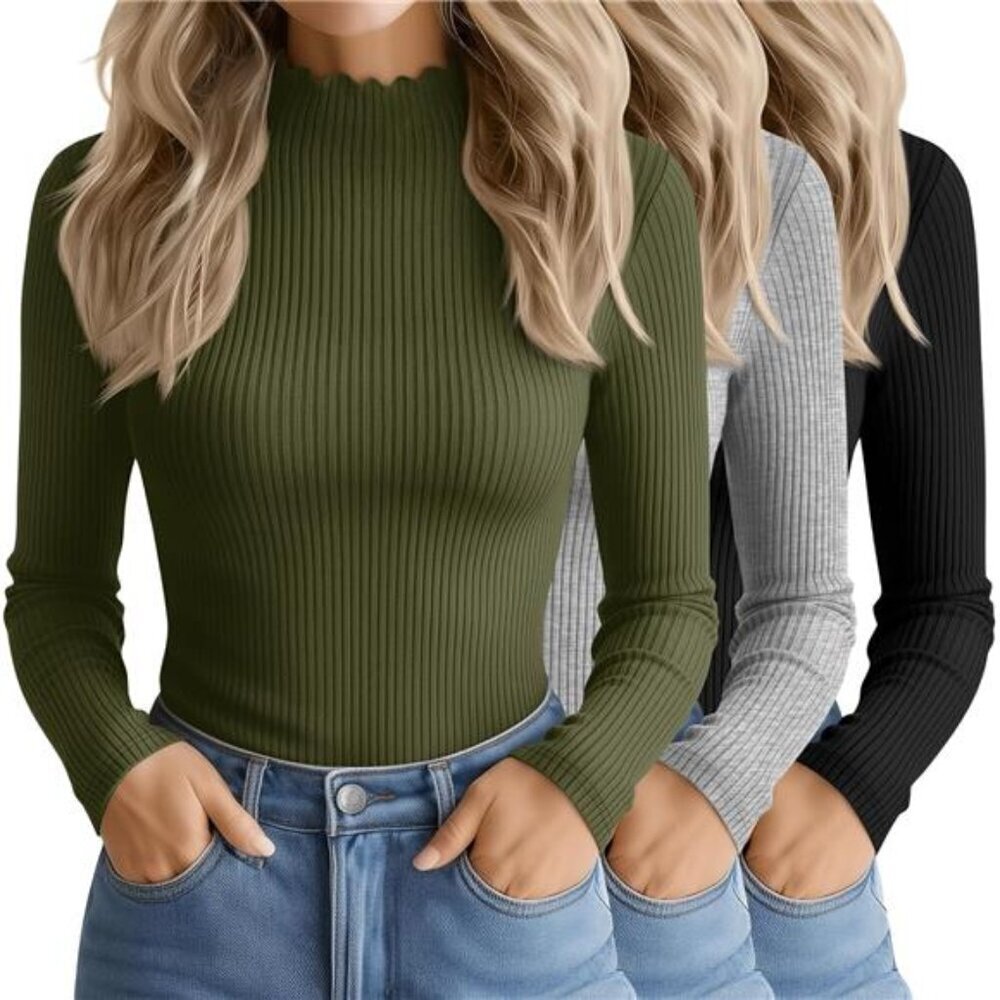 Ribbed Mock Neck Tops 3 Pack Long Sleeve Cotton Women